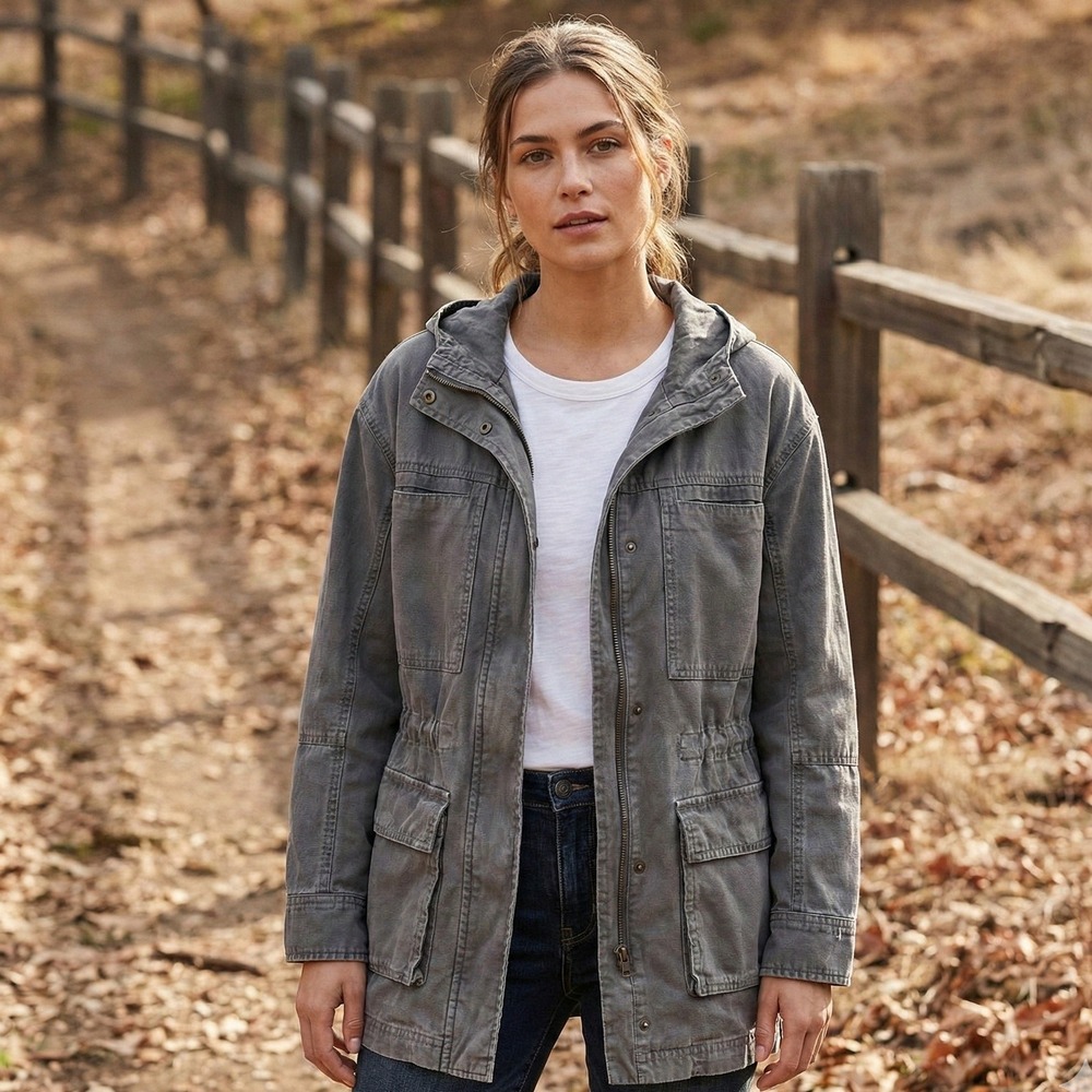 Universal Thread Jacket Womens Sz XS Gray Anorak Hooded Canvas Barn Chore Cotton